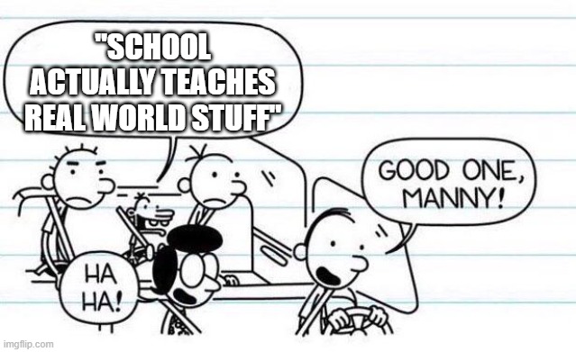 no it doesn't | "School actually teaches real world stuff" | image tagged in good one manny | made w/ Imgflip meme maker