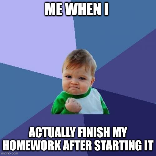 Success Kid Meme | Me when I; actually finish my homework after starting it | image tagged in memes,success kid | made w/ Imgflip meme maker