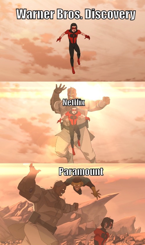 Basically the bidding deal for Warner Bros. Discovery | Warner Bros. Discovery; Netflix; Paramount | image tagged in warner bros discovery,netflix,paramount,invincible | made w/ Imgflip meme maker