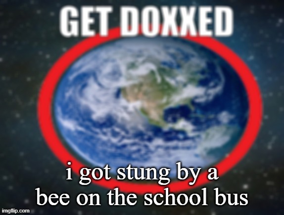 it didnt get the stinger in too far because when i swatted the bee the stinger flew out | i got stung by a bee on the school bus | image tagged in get doxxed | made w/ Imgflip meme maker