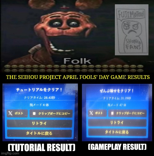 The Seihou Project April Fools' Day Game Results; (Tutorial Result); (Gameplay Result) | image tagged in memes,gamer,score | made w/ Imgflip meme maker