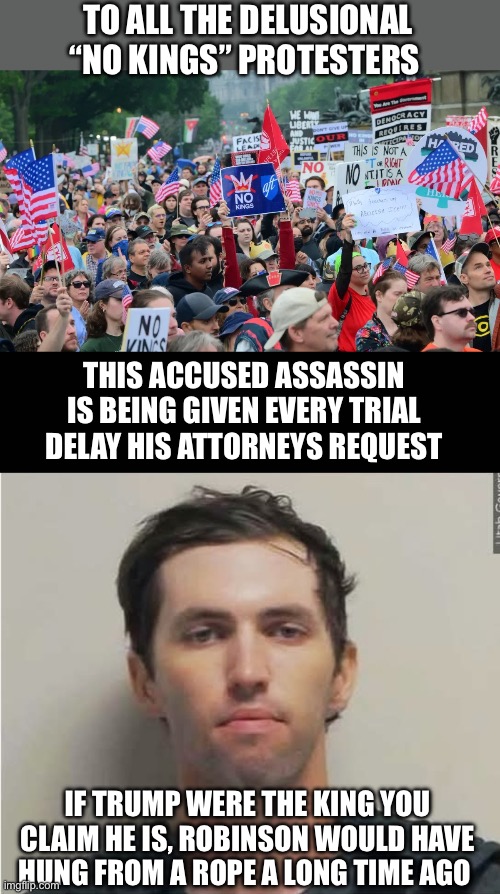 If you are smart enough to get ID to drive or buy weed, you’re smart enough to think for yourself. Or are you? | To All the delusional “no kings” protesters; This accused assassin is being given every trial delay his attorneys request; If Trump were the king you claim he is, Robinson would have hung from a rope a long time ago | image tagged in no kings,tyler robinson | made w/ Imgflip meme maker
