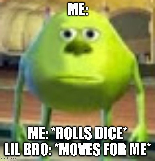 Sully Wazowski | Me:; Me: *rolls dice*
lil bro: *moves for me* | image tagged in sully wazowski | made w/ Imgflip meme maker