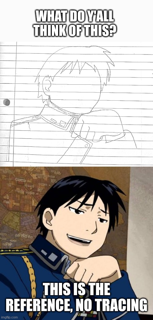 Roy drawing | what do y'all think of this? this is the reference, no tracing | made w/ Imgflip meme maker