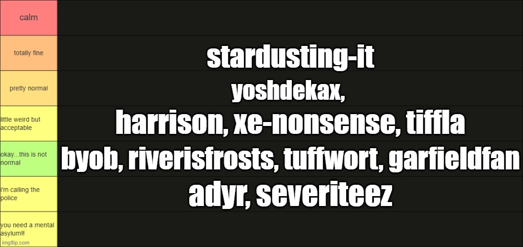 took me a while, but here it is, don't take this seriously guys | stardusting-it; yoshdekax, harrison, xe-nonsense, tiffla; byob, riverisfrosts, tuffwort, garfieldfan; adyr, severiteez | made w/ Imgflip meme maker