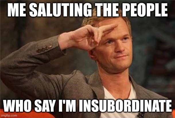 sarcastic salute | me saluting the people; who say i'm insubordinate | image tagged in barney stinson salute | made w/ Imgflip meme maker