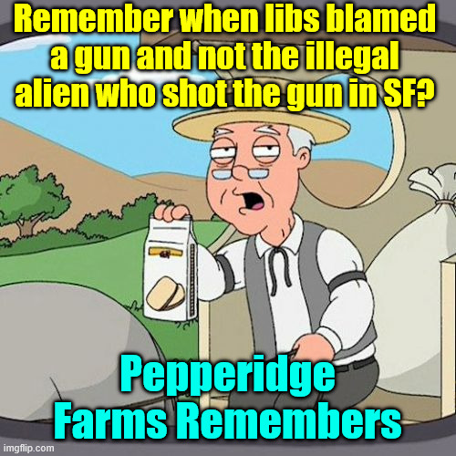 Pepperidge Farm Remembers Meme | Remember when libs blamed a gun and not the illegal alien who shot the gun in SF? Pepperidge Farms Remembers | image tagged in memes,pepperidge farm remembers | made w/ Imgflip meme maker