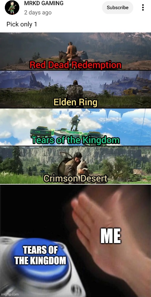 Which open world game would you choose? | Me; Tears of the Kingdom | image tagged in memes,blank nut button,open world | made w/ Imgflip meme maker