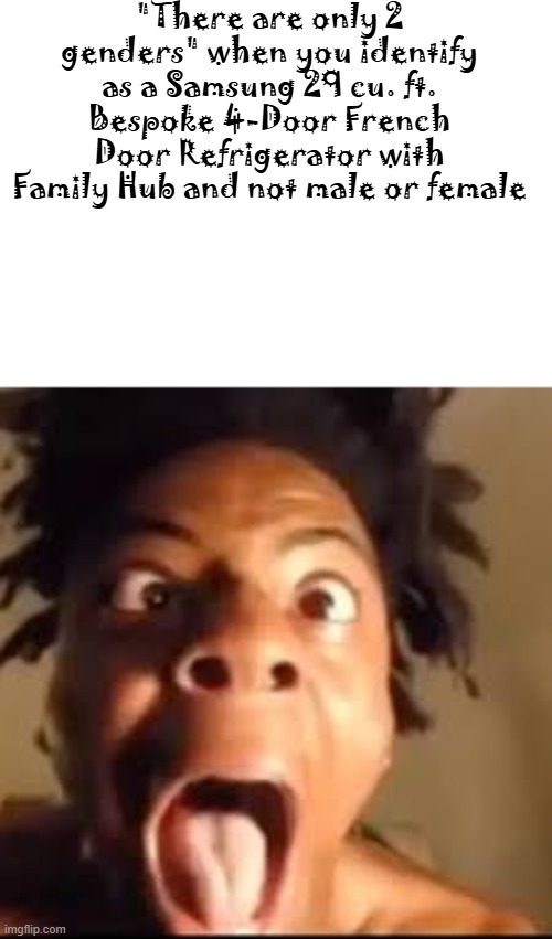 ishowspeed rage | "There are only 2 genders" when you identify as a Samsung 29 cu. ft. Bespoke 4-Door French Door Refrigerator with Family Hub and not male or female | made w/ Imgflip meme maker