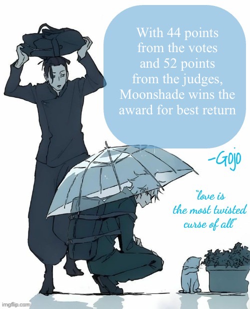 Congrats to all the winners so far | With 44 points from the votes and 52 points from the judges, Moonshade wins the award for best return | image tagged in moonshade's announcement template v1 | made w/ Imgflip meme maker