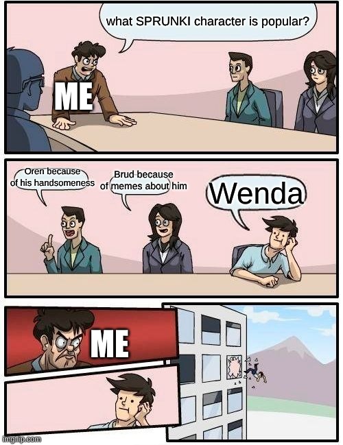 what did bro do wrong? | what SPRUNKI character is popular? me; Oren because of his handsomeness; Brud because of memes about him; Wenda; me | image tagged in memes,boardroom meeting suggestion,incredibox,sprunki | made w/ Imgflip meme maker