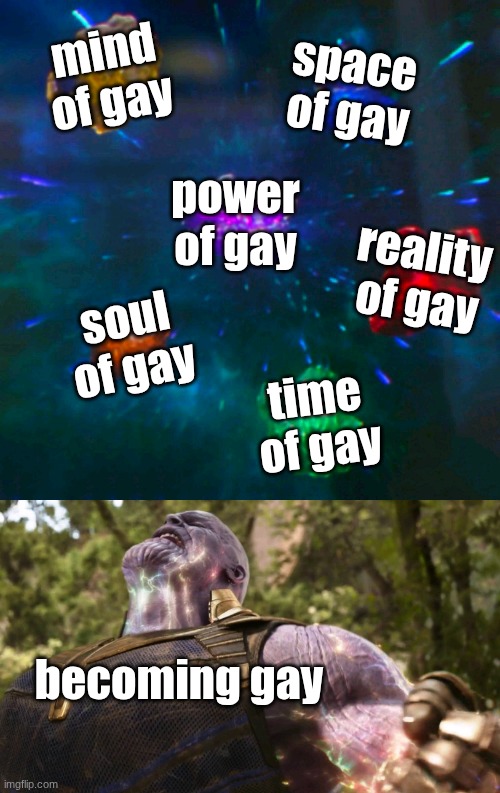 the gay stones | mind of gay; space of gay; power of gay; reality of gay; soul of gay; time of gay; becoming gay | image tagged in thanos completes the gauntlet,remix | made w/ Imgflip meme maker