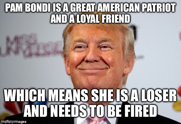 Donald trump approves | Pam Bondi is a Great American Patriot
and a loyal friend; Which means she is a loser
And needs to be fired | image tagged in donald trump approves | made w/ Imgflip meme maker