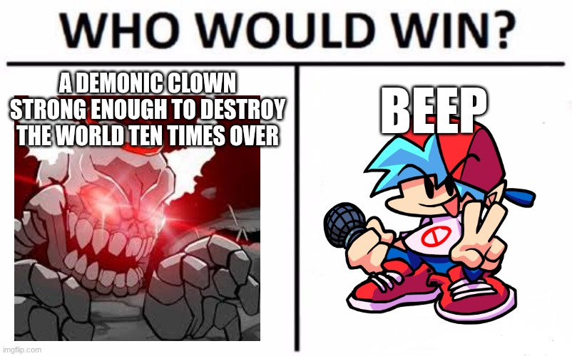 Who Would Win? Meme | a demonic clown strong enough to destroy the world ten times over; beep | image tagged in memes,who would win | made w/ Imgflip meme maker