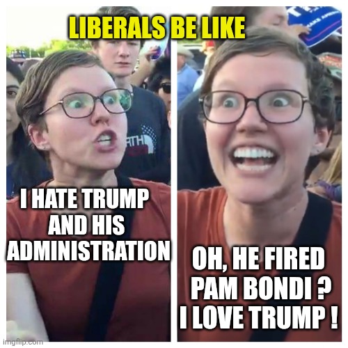 Two Faced | Liberals be like; I hate Trump 
and his
 administration; Oh, he fired
 Pam Bondi ?
I love Trump ! | image tagged in social justice warrior hypocrisy,leftists,liberal logic,democratic socialism,epstein | made w/ Imgflip meme maker