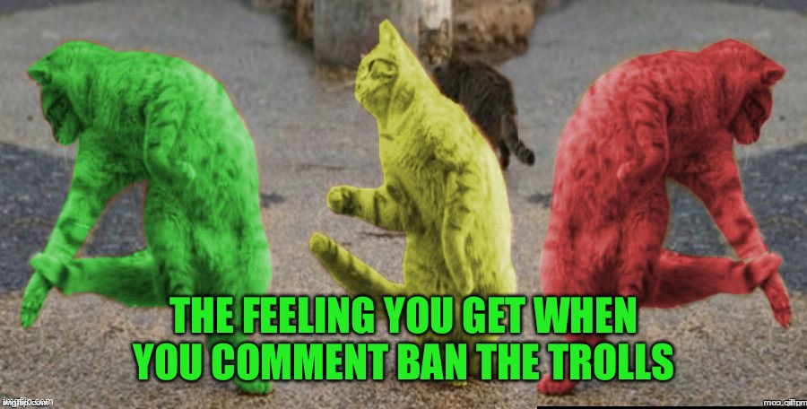 Three Dancing RayCats | The feeling you get when you comment ban the trolls | image tagged in three dancing raycats | made w/ Imgflip meme maker