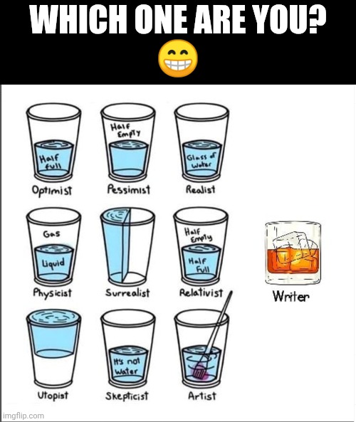 water glasses philosophy | Which one are you?
😁 | image tagged in water glasses philosophy | made w/ Imgflip meme maker