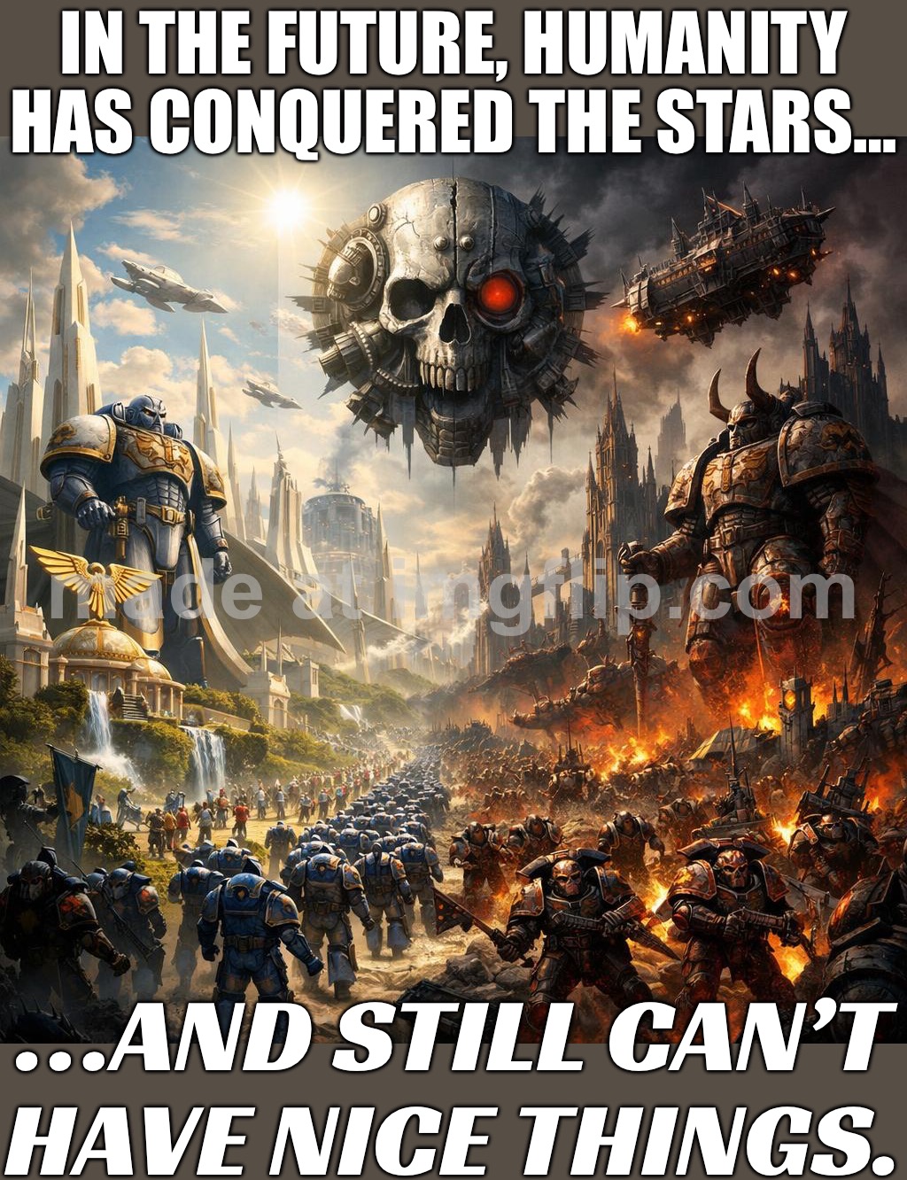 IN THE FUTURE, HUMANITY HAS CONQUERED THE STARS…; …AND STILL CAN’T HAVE NICE THINGS. | IN THE FUTURE, HUMANITY HAS CONQUERED THE STARS…; …AND STILL CAN’T HAVE NICE THINGS. | image tagged in warhammer 40 000,warhammer 40k,warhammer40k,the future,humanity,empire | made w/ Imgflip meme maker