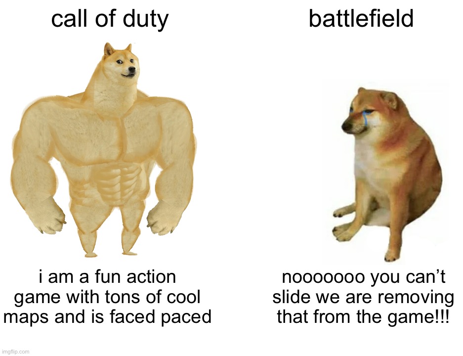 Buff Doge vs. Cheems Meme | call of duty; battlefield; i am a fun action game with tons of cool maps and is faced paced; nooooooo you can’t slide we are removing that from the game!!! | image tagged in memes,buff doge vs cheems | made w/ Imgflip meme maker