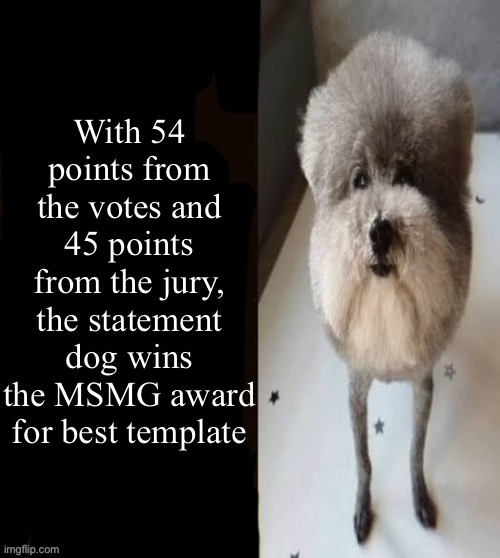 he made a statement blank | With 54 points from the votes and 45 points from the jury, the statement dog wins the MSMG award for best template | image tagged in he made a statement blank | made w/ Imgflip meme maker