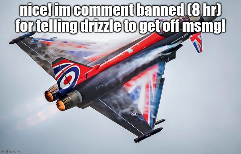 pipe up manticore | nice! im comment banned (8 hr) for telling drizzle to get off msmg! | image tagged in eurofighter typhoon | made w/ Imgflip meme maker
