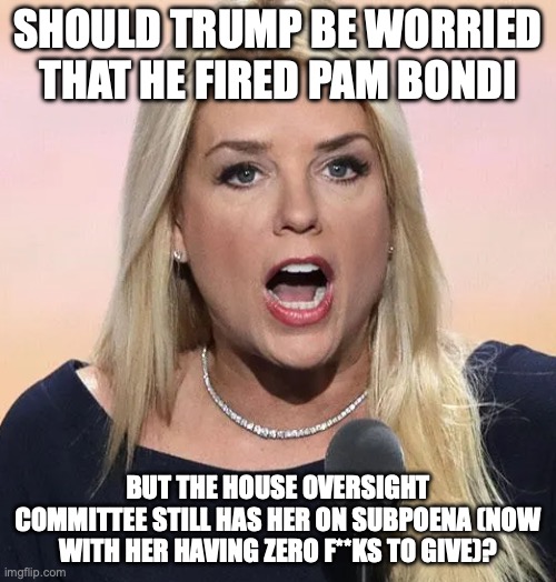 I wonder what she'll say about the Epstein Files now that she was fired by the main suspect | should trump be worried that he fired pam Bondi; but the house oversight committee still has her on subpoena (now with her having zero f**ks to give)? | image tagged in pam bondi mouth wide open trump sucks,donald trump,jeffrey epstein,pam bondi,pedophiles | made w/ Imgflip meme maker