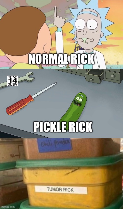 Tumor Rick | Normal rick; Pickle Rick | image tagged in rick and morty show it,pickle rick | made w/ Imgflip meme maker