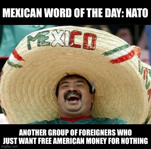 mexican word of the day | Mexican word of the day: nato; Another group of foreigners who just want free American money for nothing | image tagged in mexican word of the day,nato,war,free stuff,libtards,europe | made w/ Imgflip meme maker