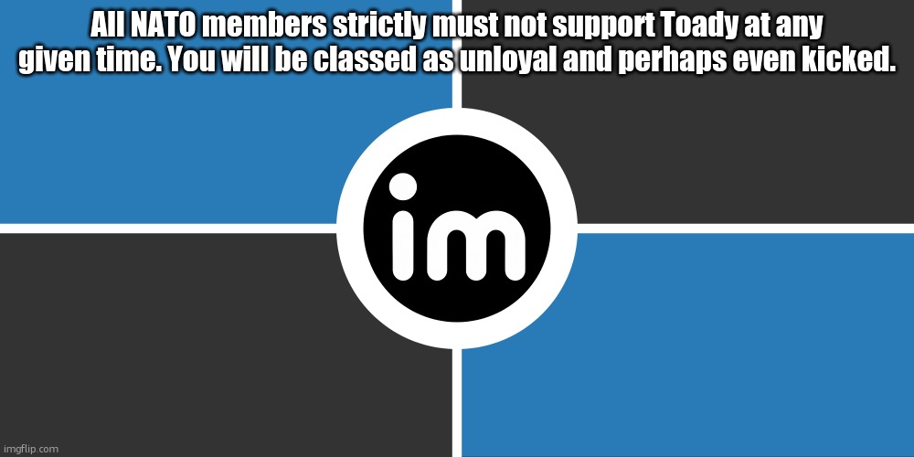 Flag of the ImgNATO by NouBlacksmith | All NATO members strictly must not support Toady at any given time. You will be classed as unloyal and perhaps even kicked. | image tagged in flag of the imgnato by noublacksmith | made w/ Imgflip meme maker