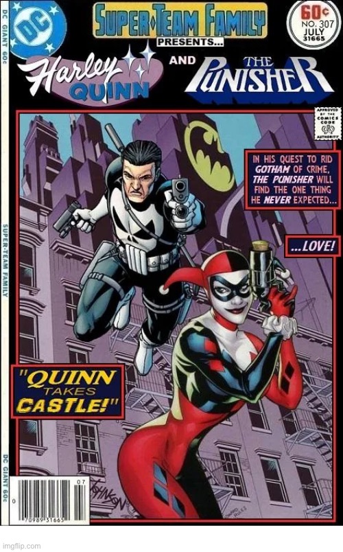 image tagged in comics,punisher,harley quinn,crossover,super team family | made w/ Imgflip meme maker