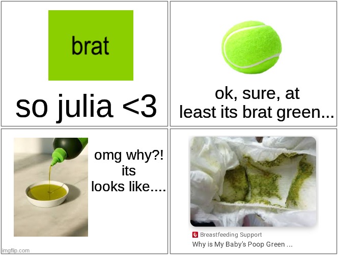 ><><><><><from brat to nat<><><><><><><>< | ok, sure, at least its brat green... so julia <3; omg why?! its looks like.... | image tagged in memes,blank comic panel 2x2 | made w/ Imgflip meme maker