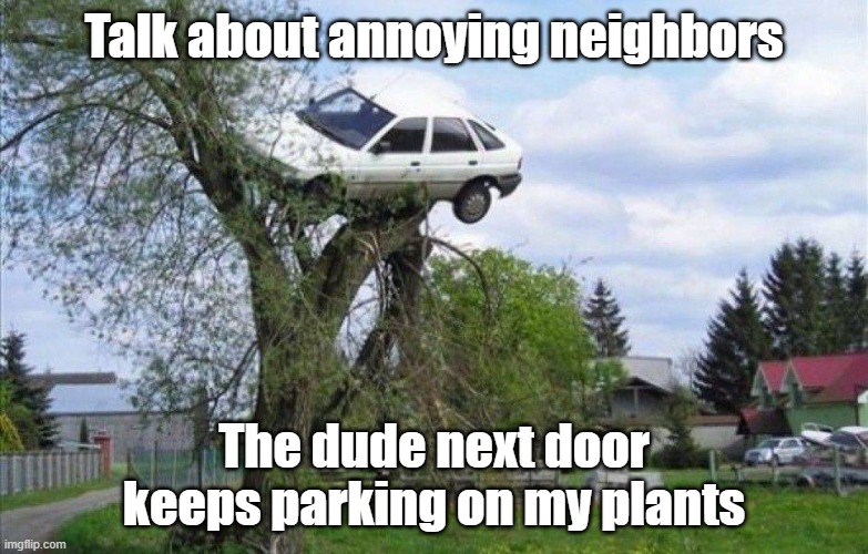 Dang Neighbors | Talk about annoying neighbors; The dude next door keeps parking on my plants | image tagged in bad drivers,parking,neighbors,treed | made w/ Imgflip meme maker