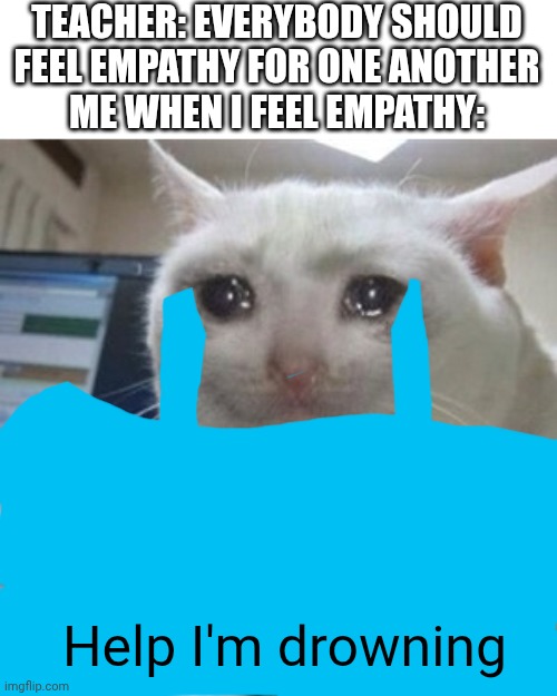 WAAAHHH MY SIBLING IS DEPRESSED AND GONNA ykwim | Teacher: everybody should feel empathy for one another
Me when I feel empathy:; Help I'm drowning | image tagged in crying cat | made w/ Imgflip meme maker