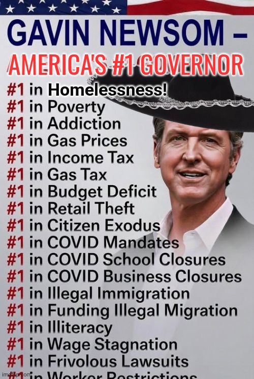 Greasy Gavin is number 1 | Homelessness! America's #1 Governor | image tagged in grease,gavin,we are number one | made w/ Imgflip meme maker