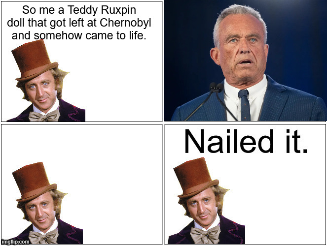 Nailed It Wonka | So me a Teddy Ruxpin doll that got left at Chernobyl and somehow came to life. | image tagged in nailed it wonka | made w/ Imgflip meme maker
