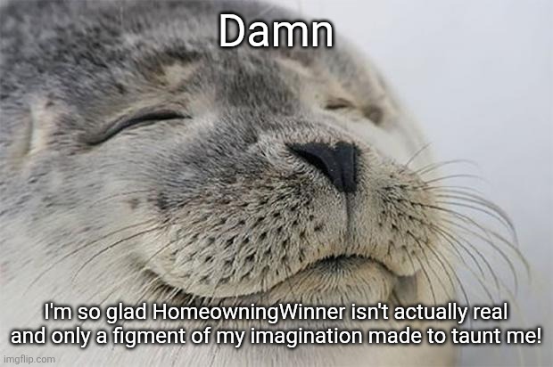 Yo Yo | Damn; I'm so glad HomeowningWinner isn't actually real and only a figment of my imagination made to taunt me! | image tagged in memes,satisfied seal | made w/ Imgflip meme maker