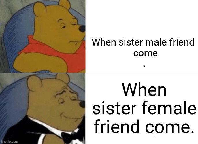 Tuxedo Winnie The Pooh | When sister male friend 
 come
. When sister female friend come. | image tagged in memes,tuxedo winnie the pooh | made w/ Imgflip meme maker