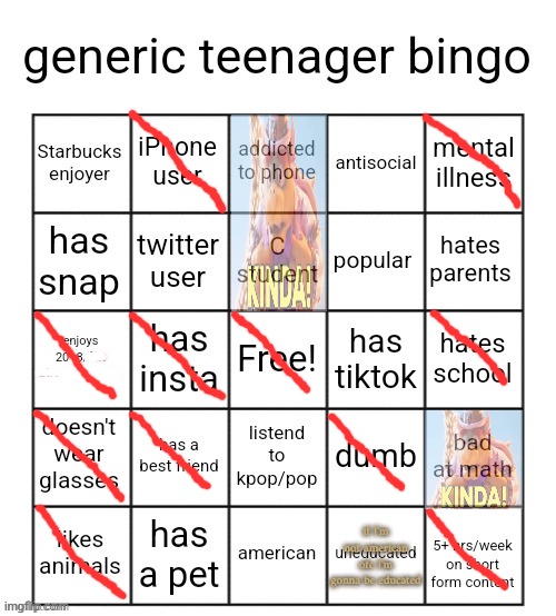 generic teenager bingo | if I'm not american ofc I'm gonna be educated | image tagged in generic teenager bingo | made w/ Imgflip meme maker