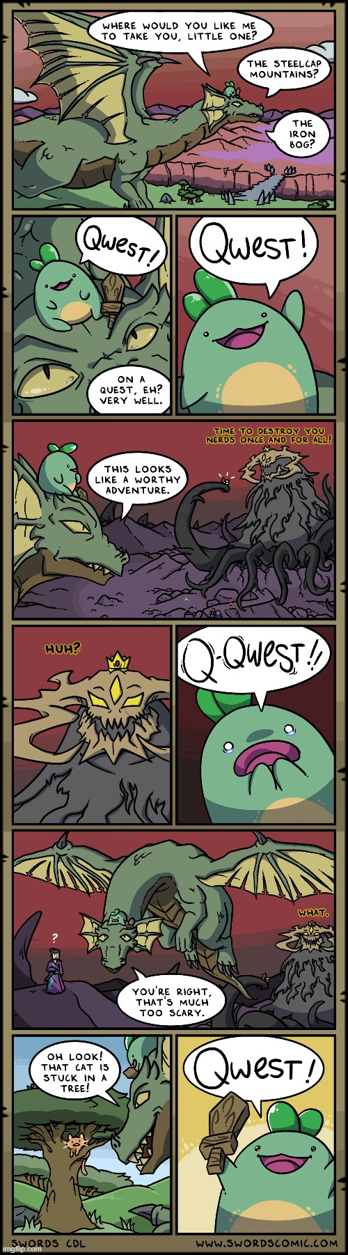 A quest with the Sword-Breathing Dragon! | image tagged in swords,sprout,quest,dragon,cat,tree | made w/ Imgflip meme maker