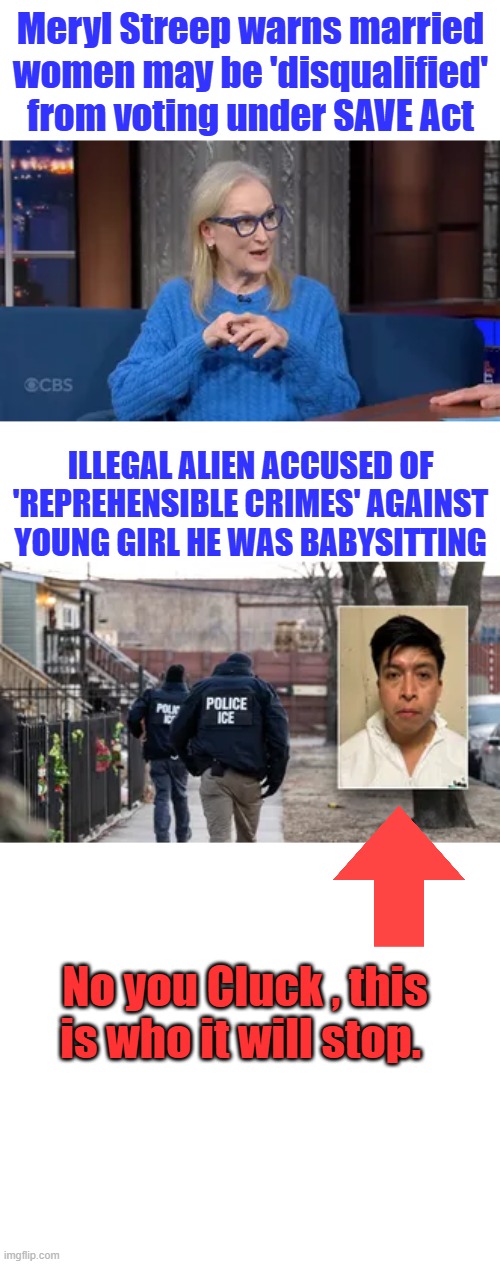Meryl Streep warns married women may be 'disqualified' from voting under SAVE Act; Illegal alien accused of 'reprehensible crimes' against young girl he was babysitting; No you Cluck , this is who it will stop. | made w/ Imgflip meme maker