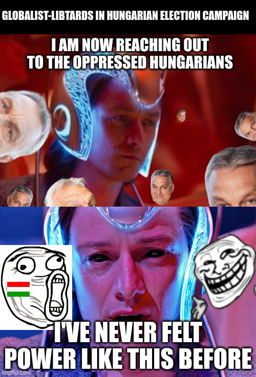 Globalist-libtards in Hungarian election campaign; I am now reaching out to the oppressed Hungarians; I've never felt power like this before | image tagged in dr charles xavier | made w/ Imgflip meme maker