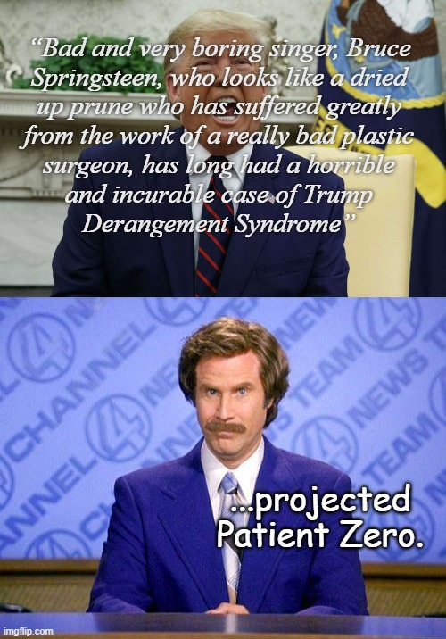 If Trump could sing, he'd have deuced out a vanity album by now. Oh, also, search: "Trump, scalp-reduction surgery" | “Bad and very boring singer, Bruce
Springsteen, who looks like a dried
up prune who has suffered greatly
from the work of a really bad plastic
surgeon, has long had a horrible
and incurable case of Trump
Derangement Syndrome”; ...projected Patient Zero. | image tagged in bruce springsteen,projection,trump unfit unqualified dangerous,crybaby,shar pei head | made w/ Imgflip meme maker