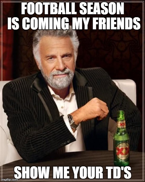 The Most Interesting Man In The World Meme | FOOTBALL SEASON IS COMING MY FRIENDS SHOW ME YOUR TD'S | image tagged in memes,the most interesting man in the world | made w/ Imgflip meme maker