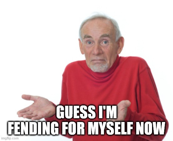 Guess I'll die  | guess i'm fending for myself now | image tagged in guess i'll die | made w/ Imgflip meme maker