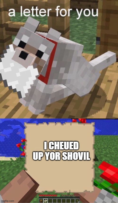 My dog irl but with shoes | I cheued up yor shovil | image tagged in minecraft mail | made w/ Imgflip meme maker