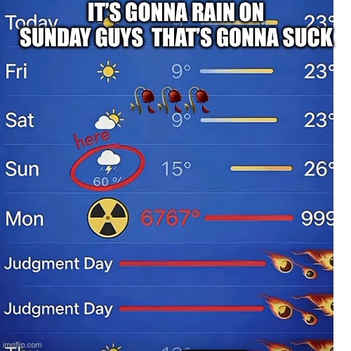 It’s gonna rain on Sunday guys  that’s gonna suck | made w/ Imgflip meme maker