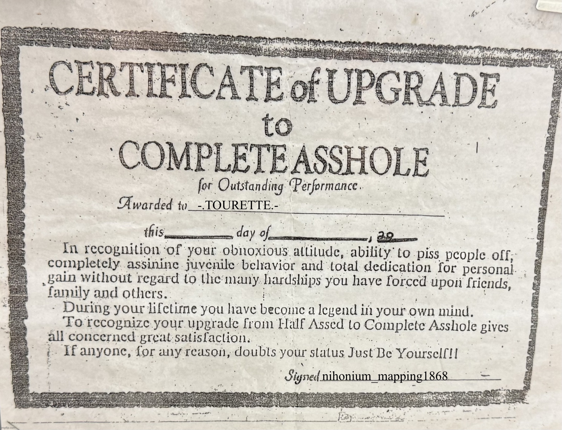 Complete Asshole Award | -.TOURETTE.- nihonium_mapping1868 | image tagged in complete asshole award | made w/ Imgflip meme maker