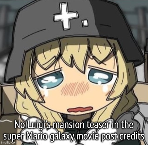 Yuuri crying | No Luigi’s mansion teaser in the super Mario galaxy movie post credits | image tagged in yuuri crying | made w/ Imgflip meme maker