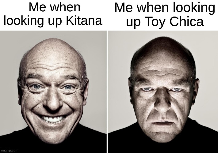 Comparing One of My Early Awakenings to That?! | Me when looking up Kitana; Me when looking up Toy Chica | image tagged in dean norris's reaction,memes,video games,mortal kombat,five nights at freddys,fnaf | made w/ Imgflip meme maker