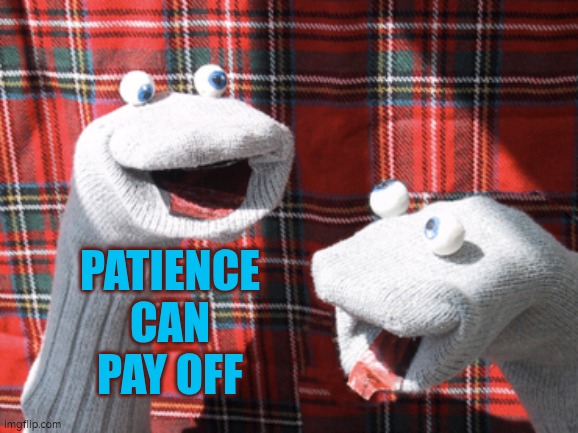 Patience can pay off | Patience can pay off | image tagged in socks,patience,perseverance,autism,never give up | made w/ Imgflip meme maker